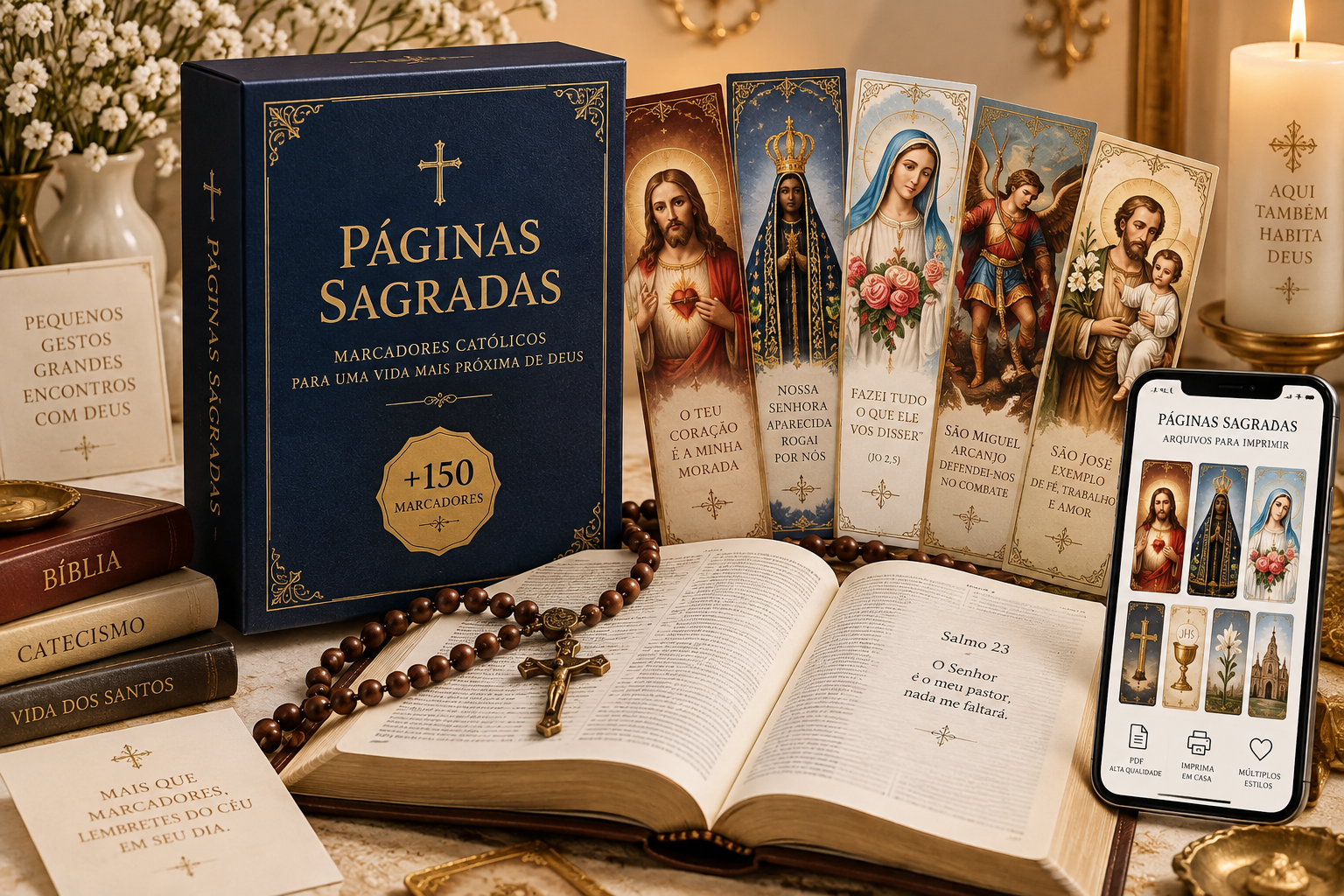 Caixa premium da coleção Páginas Sagradas com selo +150 marcadores, marcadores de Sagrado Coração de Jesus, Nossa Senhora Aparecida, São Miguel Arcanjo e São José, Bíblia aberta com terço e celular mostrando os arquivos digitais